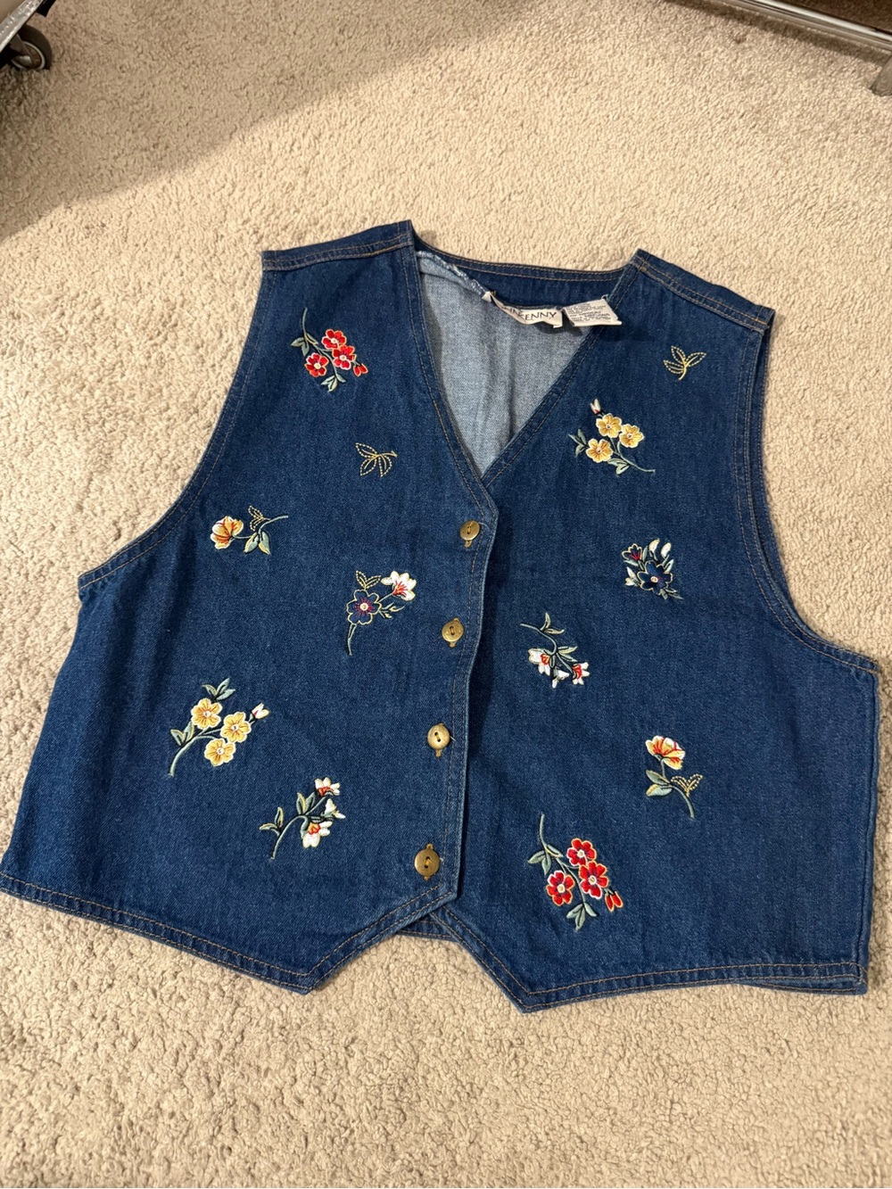 Vintage Embroidered Dark Blue Denim Vest - Women